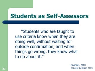 Students as Self-Assessors “ Students who are taught to use criteria know when they are doing well, without waiting for outside confirmation, and when things go wrong, they know what to do about it.” Spandel, 2001 