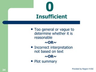 0  Insufficient Too general or vague to determine whether it is reasonable   ~OR~ Incorrect interpretation not based on text   ~OR~ Plot summary 