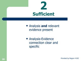 2 Sufficient Analysis  and  relevant evidence present Analysis-Evidence connection clear and specific 