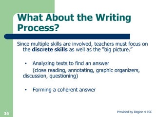 Since multiple skills are involved, teachers must focus on the  discrete skills  as well as the “big picture.” Analyzing texts to find an answer  (close reading, annotating, graphic organizers,  discussion, questioning) Forming a coherent answer What About the Writing Process? 