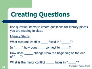 Creating Questions Use question stems to create questions for literary pieces you are reading in class. Literary Stems What was one conflict ____ faced in “_____”?  In “____” how does ____ connect to _____?  How does _____ change from the beginning to the end of “___”?  What is the major conflict _____ faces in “_____”?  