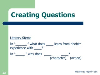 Creating Questions Literary Stems In “______,” what does ____ learn from his/her experience with ____? In “_____,” why does  ____   ____? (character)  (action)   