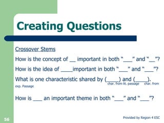 Creating Questions Crossover Stems How is the concept of __ important in both “___” and “__”? How is the idea of ____important in both “___” and “___”? What is one characteristic shared by (____) and (____).      char. from lit. passage  char. from exp. Passage How is ___ an important theme in both “___” and “___”? 