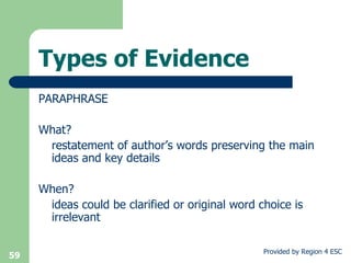 Types of Evidence PARAPHRASE What? restatement of author’s words preserving the main ideas and key details When? ideas could be clarified or original word choice is irrelevant 