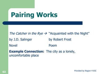 Pairing Works The Catcher in the Rye   “Acquainted with the Night” by J.D. Salinger by Robert Frost Novel Poem Example Connection:  The city as a lonely, uncomfortable place 
