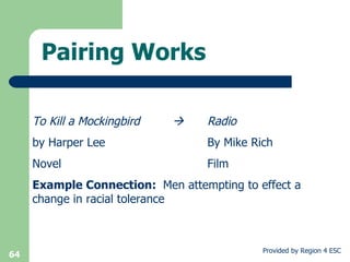 Pairing Works To Kill a Mockingbird  Radio by Harper Lee  By Mike Rich Novel Film Example Connection:  Men attempting to effect a change in racial tolerance 