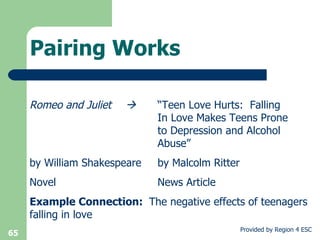 Pairing Works Romeo and Juliet  “Teen Love Hurts:  Falling  In Love Makes Teens Prone  to Depression and Alcohol  Abuse” by William Shakespeare  by Malcolm Ritter Novel News Article Example Connection:  The negative effects of teenagers falling in love 
