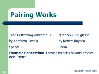 Pairing Works “ The Gettysburg Address”  “Frederick Douglass” by Abraham Lincoln  by Robert Hayden Speech Poem Example Connection:  Leaving legacies beyond physical monuments 