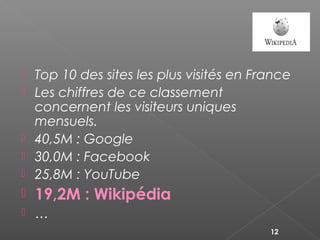  Top 10 des sites les plus visités en France
 Les chiffres de ce classement
concernent les visiteurs uniques
mensuels.
 40,5M : Google
 30,0M : Facebook
 25,8M : YouTube
 19,2M : Wikipédia
 …
12
 