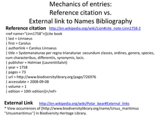 Mechanics of entries:
                    Reference citation vs.
              External link to Names Bibliography
Reference citation         http://en.wikipedia.org/wiki/Lion#cite_note-Linn1758-2
<ref name="Linn1758">{{cite book
| last = Linnaeus
| first = Carolus
| authorlink = Carolus Linnaeus
| title = Systemanaturae per regna trianaturae :secundum classes, ordines, genera, species,
cum characteribus, differentiis, synonymis, locis.
| publisher = Holmiae (LaurentiiSalvii)
| year = 1758
| pages = 73
| url = http://www.biodiversitylibrary.org/page/726976
| accessdate = 2008-09-08
| volume = 1
| edition = 10th edition}}</ref>

External Link         http://en.wikipedia.org/wiki/Polar_bear#External_links
* View occurrences of [http://www.biodiversitylibrary.org/name/Ursus_maritimus
''Ursusmaritimus''] in Biodiversity Heritage Library.
 