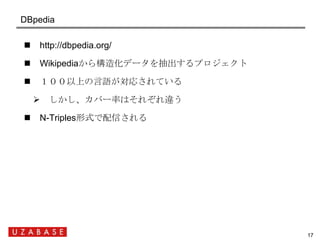 DBpedia

    http://dbpedia.org/

    Wikipediaから構造化データを抽出するプロジェクト

    １００以上の言語が対応されている

      しかし、カバー率はそれぞれ違う

    ...