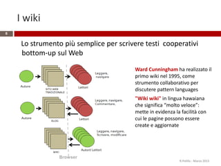 I wiki
6
Lo strumento più semplice per scrivere testi cooperativi
bottom-up sul Web
R.Polillo - Marzo 2015
Ward Cunningham ha realizzato il
primo wiki nel 1995, come
strumento collaborativo per
discutere pattern languages
"Wiki wiki" in lingua hawaiana
che significa “molto veloce”:
mette in evidenza la facilità con
cui le pagine possono essere
create e aggiornate
Browser
 