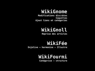 WikiGnome
Modifications discrètes
Coquilles
Ajout liens et catégories
WikiGnoll
Reprise des articles
WikiFée
Enjolive – harmonise – Illustre
WikiFourmi
Catégorise – structure
 