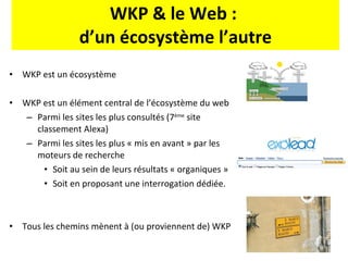 WKP & le Web :  d’un écosystème l’autre WKP est un écosystème WKP est un élément central de l’écosystème du web Parmi les sites les plus consultés (7 ème  site classement Alexa)  Parmi les sites les plus « mis en avant » par les moteurs de recherche Soit au sein de leurs résultats « organiques » Soit en proposant une interrogation dédiée. Tous les chemins mènent à (ou proviennent de) WKP 