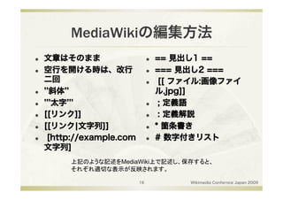 MediaWikiの編集方法
    文章はそのまま                         == 見出し1 ==
    空行を開ける時は、改行                     === 見出し2 ===
     二回                               [[ ファイル:画像ファイ
      斜体                             ル.jpg]]
      太字                             ; 定義語
    [[リンク]]                          : 定義解説
    [[リンク¦文字列]]                     * 箇条書き
     [http://example.com            # 数字付きリスト
     文字列]
          上記のような記述をMediaWiki上で記述し、保存すると、
          それぞれ適切な表示が反映されます。

                            16             Wikimedia Confernce Japan 2009
 