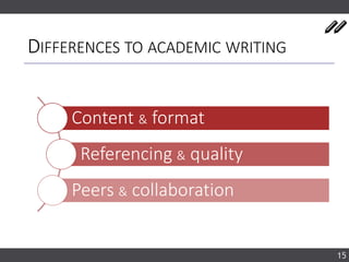 DIFFERENCES TO ACADEMIC WRITING
15
Content & format
Referencing & quality
Peers & collaboration
 