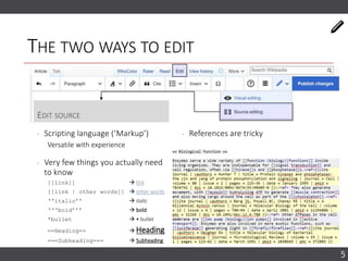 THE TWO WAYS TO EDIT
EDIT SOURCE
‐ Scripting language (‘Markup’)
Versatile with experience
‐ Very few things you actually need
to know
[[link]]  link
[[link | other words]]  other words
‘‘italic’’  italic
‘‘‘bold’’’  bold
*bullet  • bullet
==Heading==  Heading
===Subheading===  Subheading
5
‐ References are tricky
 