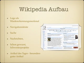 Wikipedia Aufbau
Logo als
Wiedererkennungsmerkmal

Navigationsleiste

Suche

Nachrichten,

Schon gewusst,
Schwesterprojekte

Artikel des Tages - besonders
guter Artikel
 