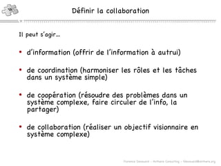 Définir la collaboration d’information (offrir de l’information à autrui) de coordination (harmoniser les r ôles  et les t âches dans un système simple) de coo pération (résoudre des problèmes dans un système complexe, faire circuler de l’info, la partager) de collaboration (réaliser un objectif visionnaire en système complexe) Il peut s’agir… 