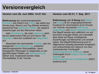 Versionsvergleich Version vom 02:31, 7. Sep. 2011   Elektrosmog  oder  E-Smog  (aus  Elektro-  und  Smog ) ist ein umgangssprachlicher Ausdruck für verschiedene durch Einsatz von Technik verursachte  elektrische ,  magnetische  und  elektromagnetische Felder . Der Begriff bezieht sich willkürlich nur auf technisch erzeugte Felder und unterstellt, dass diese auf Dauer schädigende Auswirkungen auf Menschen und Umwelt haben. Der Begriff Elektrosmog wird im Allgemeinen einseitig abwertend eingesetzt und unterscheidet sich dadurch von dem nichtwertenden Fachbegriff  Elektromagnetische Strahlung , deren Zulässigkeit durch  Regeln ,  Normen  und  Gesetze  zur  Elektromagnetischen Verträglichkeit  (EMV) bestimmt wird. Version vom 29. Juni 2004, 14:41 Uhr Elektrosmog  (ein zusammengesetztes  Kunstwort  aus  Elektro  und  Smog , das selbst aus  Smoke  (eng. Rauch) und  Fog  (Nebel) entstand) bezeichnet man  elektrische Felder , die negative Auswirkungen auf den Menschen haben. Jede  Stromleitung , die unter  Spannung  steht, hat ein elektrisches Feld um sich herum. Bei  Stromfluss  baut sich zusätzlich ein  Magnetfeld  auf. Besonders bei wechselnder  Polarität , also bei anliegender  Wechselspannung , entstehen elektromagnetische Wechselfelder, deren biologischen Wirkungen im Gegensatz zu den gleichförmigen Feldern von  Gleichspannung  stärker sind. Angewandt werden diese Wechselfelder in der Technik. 