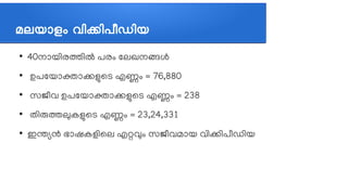 മലയജ്ഞാളശ വവികവിപപീഡവിയ
●
40നലോയത്തിരതത്തില്‍ പരവും ലലഖനങ്ങള്‍
●
ഉപലയലോക്തലോകളുലട എണവും = 76,880
●
സജപീവ ഉപലയലോക്തലോകളുലട എണവും = 238
●
തത്തിരുതലുകളുലട എണവും = 23,24,331
●
ഇനഭ്യന്‍ ഭലോഷകളത്തിലല എറ്റവവും സജപീവമലോയ വത്തികത്തിപപീഡത്തിയ
 