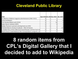 Cleveland Public Library
8 random items from
CPL’s Digital Gallery that I
decided to add to Wikipedia
 