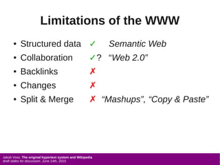 Limitations of the WWW
      ●   Structured data ✓                               Semantic Web
      ●   Collaboration     ...