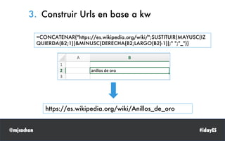 @mjcachon #idayES
3. Construir Urls en base a kw
=CONCATENAR("https://es.wikipedia.org/wiki/";SUSTITUIR(MAYUSC(IZ
QUIERDA(B2;1))&MINUSC(DERECHA(B2;LARGO(B2)-1));" ";"_"))
https://es.wikipedia.org/wiki/Anillos_de_oro
 