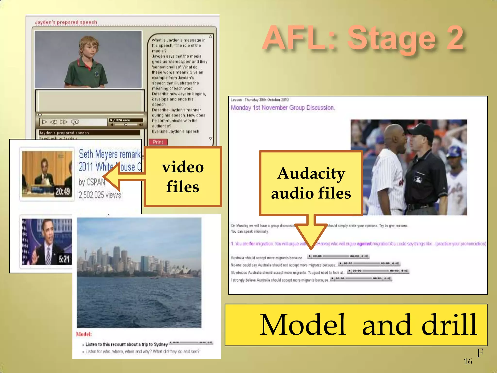 Model and drill
Audacity
audio files
video
files
16
F
 