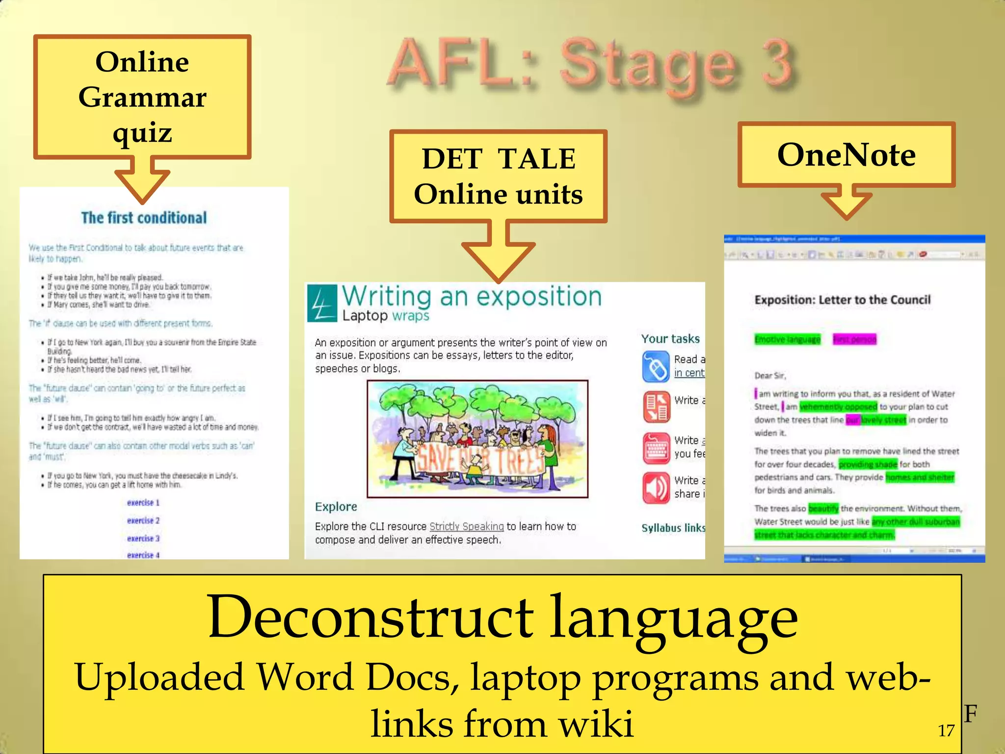 Deconstruct language
Uploaded Word Docs, laptop programs and web-
links from wiki
Online
Grammar
quiz
OneNote
17
DET TALE
Online units
F
 