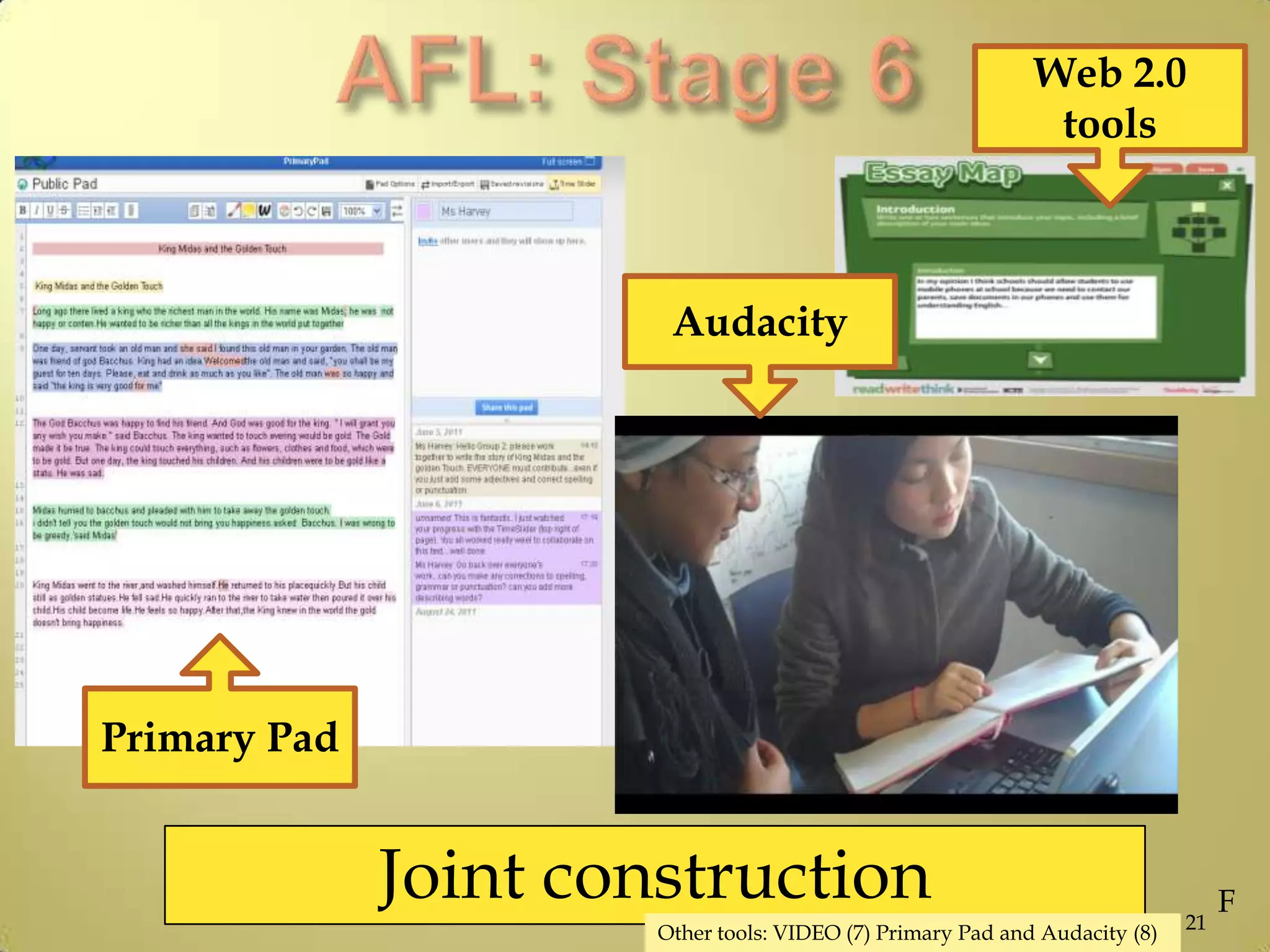 Joint construction
Primary Pad
21
Web 2.0
tools
Audacity
F
Other tools: VIDEO (7) Primary Pad and Audacity (8)
 