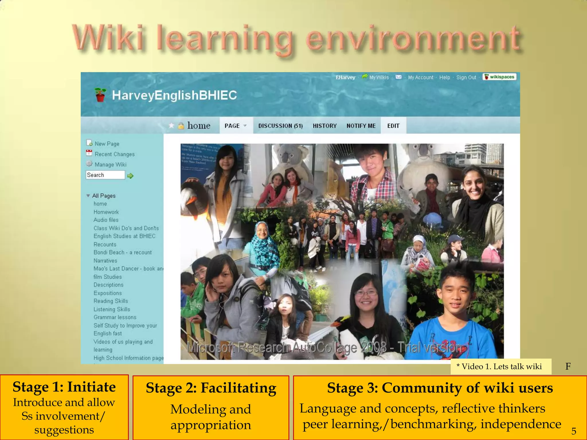 F
Stage 1: Initiate
Introduce and allow
Ss involvement/
suggestions
Stage 2: Facilitating
Modeling and
appropriation
Stage 3: Community of wiki users
Language and concepts, reflective thinkers
peer learning,/benchmarking, independence 5
* Video 1. Lets talk wiki
 