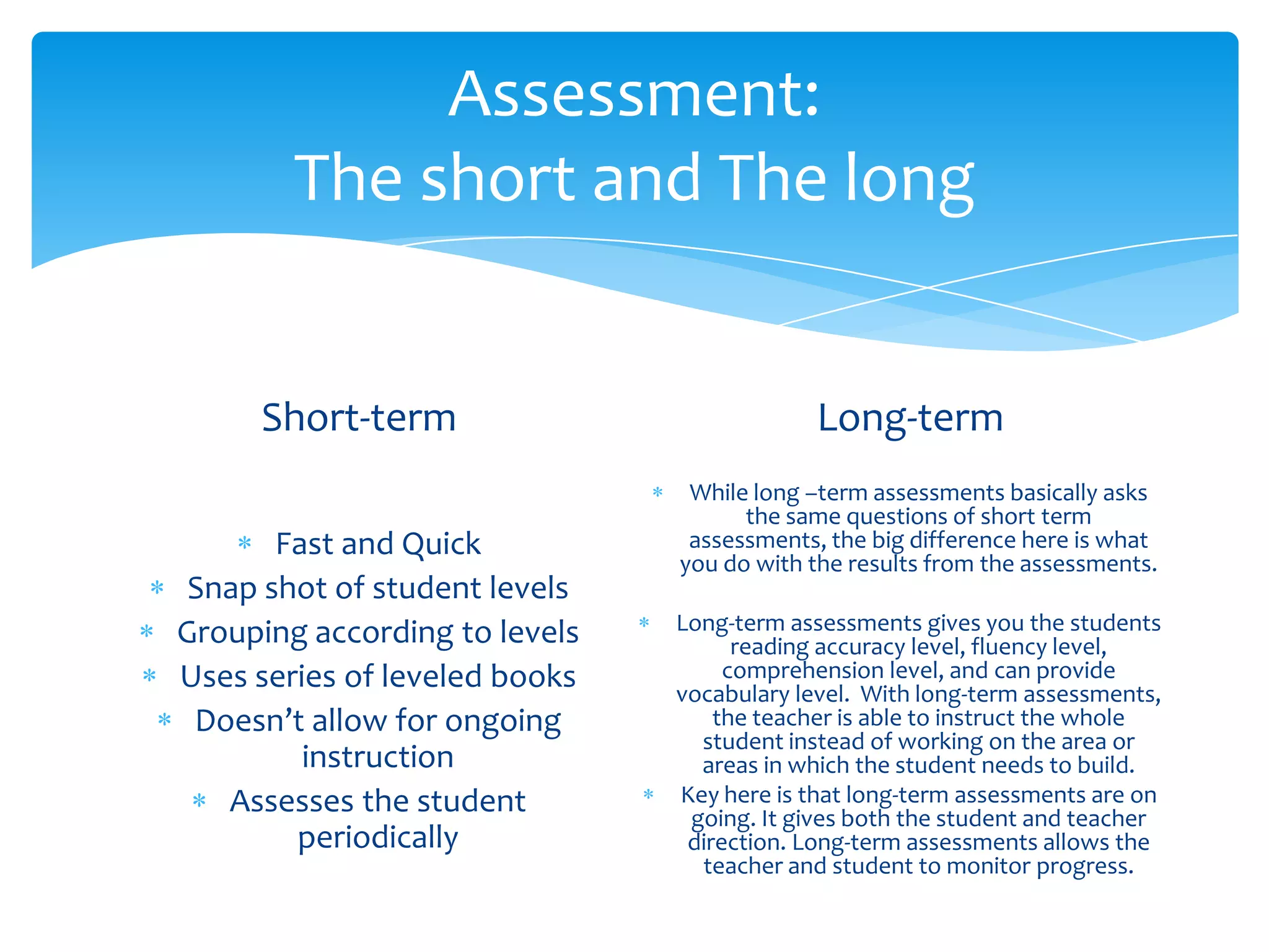 Assessment:The short and The longShort-term Fast and Quick Snap shot of student levelsGrouping according to levelsUses series of leveled booksDoesn’t allow for ongoing instructionAssesses the student periodicallyLong-termWhile long –term assessments basically asks the same questions of short term assessments, the big difference here is what you do with the results from the assessments.Long-term assessments gives you the students reading accuracy level, fluency level, comprehension level, and can provide vocabulary level.  With long-term assessments, the teacher is able to instruct the whole student instead of working on the area or areas in which the student needs to build.Key here is that long-term assessments are on going. It gives both the student and teacher direction. Long-term assessments allows the teacher and student to monitor progress.