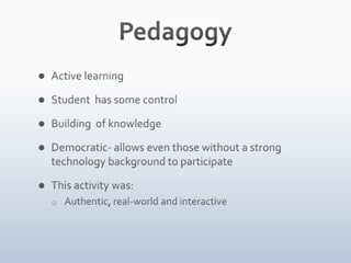 Blackboard used significantly in F2F classWhat is a wiki?	A collaborative web 2.0 tool:Allows authorized user to edit and create pagesShared repository of knowledgeSimple and easy to use structurePages can be made private, public.