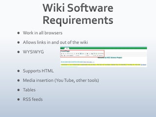 Wiki Software RequirementsWork in all browsersAllows links in and out of the wikiWYSIWYGSupports HTMLMedia insertion (You Tube, other tools)TablesRSS feeds