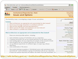 http://wiki.tertiary.govt.nz/~InstitutionalRepositories/Main/IssuesAndOptions   