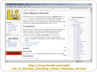 http://www.liswiki.com/wiki/ List_of_libraries_providing_virtual_reference_services   MediaWiki 