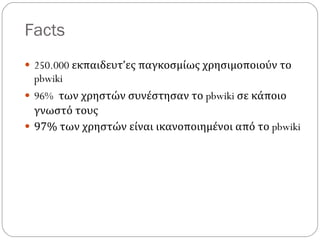 Facts 250.000  εκπαιδευτ’ες παγκοσμίως χρησιμοποιούν το  pbwiki 96%  των χρηστών συνέστησαν το  pbwiki  σε κάποιο γνωστό τους 97% των χρηστών είναι ικανοποιημένοι από το  pbwiki 