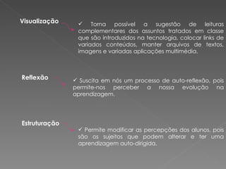 Visualização   Torna possível a sugestão de leituras complementares dos assuntos tratados em classe que são introduzidos na tecnologia, colocar links de variados conteúdos, manter arquivos de textos, imagens e variadas aplicações multimédia.  Reflexão   Suscita em nós um processo de auto-reflexão, pois permite-nos perceber a nossa evolução na aprendizagem. Estruturação   Permite modificar as percepções dos alunos, pois são os sujeitos que podem alterar e ter uma aprendizagem auto-dirigida. 