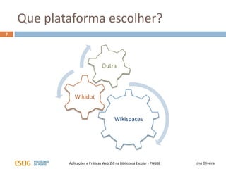 Criação de um wiki
Lino OliveiraAplicações e Práticas Web 2.0 na Biblioteca Escolar - PGGBE
 