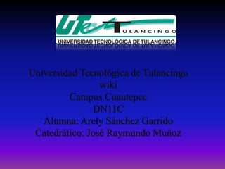 Universidad Tecnológica de Tulancingo
                 wiki
         Campus Cuautepec
               DN11C
   Alumna: Arely Sánchez Garrido
 Catedrático: José Raymundo Muñoz
 