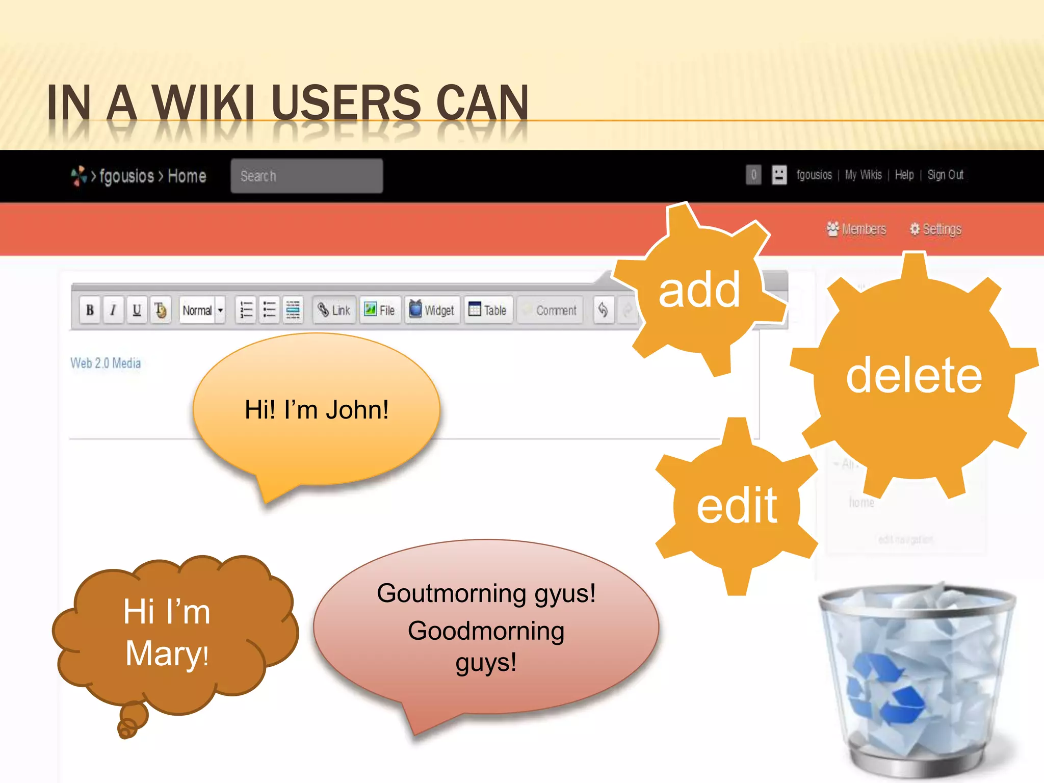 IN A WIKI USERS CAN
Goutmorning gyus!
Goodmorning
guys!
edit
delete
add
Hi! I’m John!
Hi I’m
Mary!