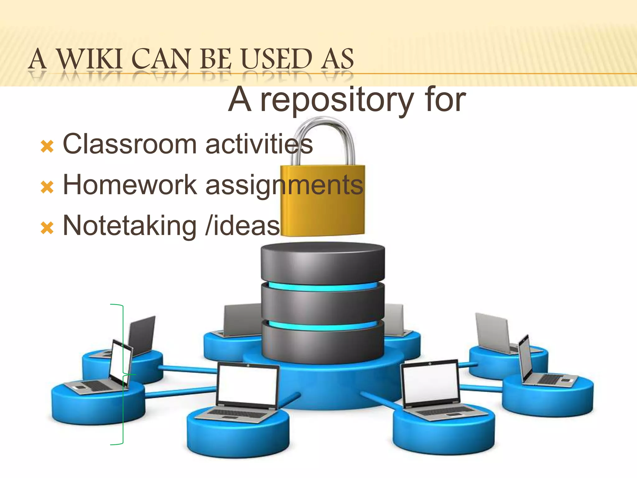 A WIKI CAN BE USED AS
A repository for
Classroom activities
Homework assignments
Notetaking /ideas