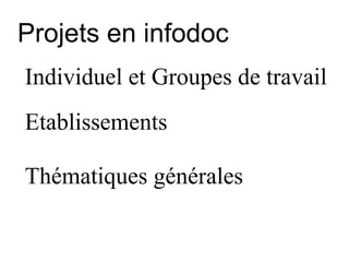 Projets en infodoc Individuel et Groupes de travail Etablissements Thématiques générales 