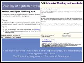 Visibility of system status In edit mode, the word “Edit” appears at the top of the page, and text formatting rules appear at the bottom. The Edit button disappears and Preview and Save appear. 
