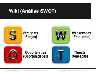 Adelaide Dias | Nathalie Ferret | Pedro Vargas | Ricardo Carvalho Avaliação em Contextos eLearning - MPeL
Wiki (Análise SWOT)
 