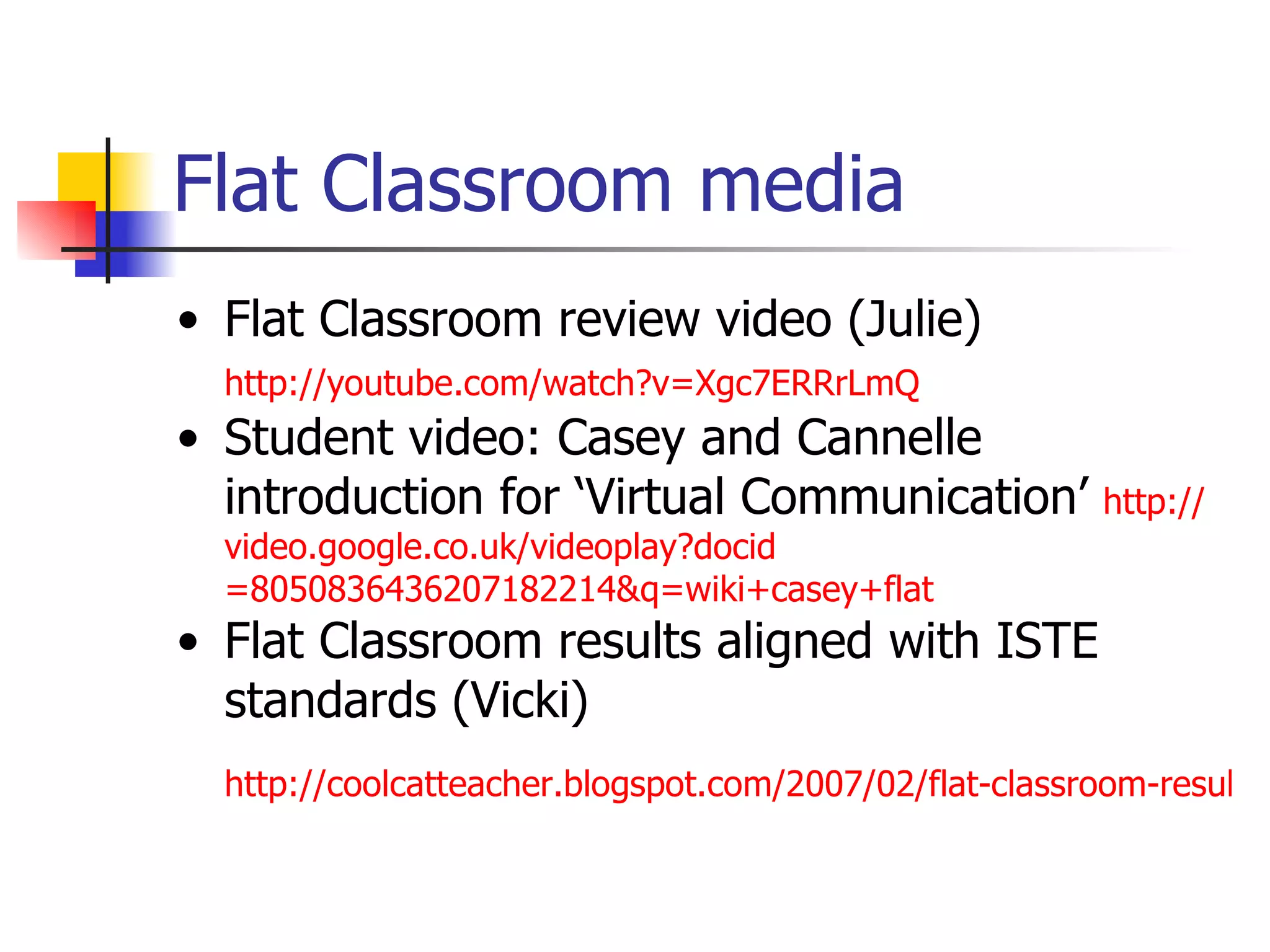 Flat Classroom media Flat Classroom review video (Julie) http://youtube.com/watch?v=Xgc7ERRrLmQ Student video: Casey and Cannelle introduction for ‘Virtual Communication’  http:// video.google.co.uk/videoplay?docid =8050836436207182214&q= wiki+casey+flat Flat Classroom results aligned with ISTE standards (Vicki) http://coolcatteacher.blogspot.com/2007/02/flat-classroom-results-aligned-with.html   