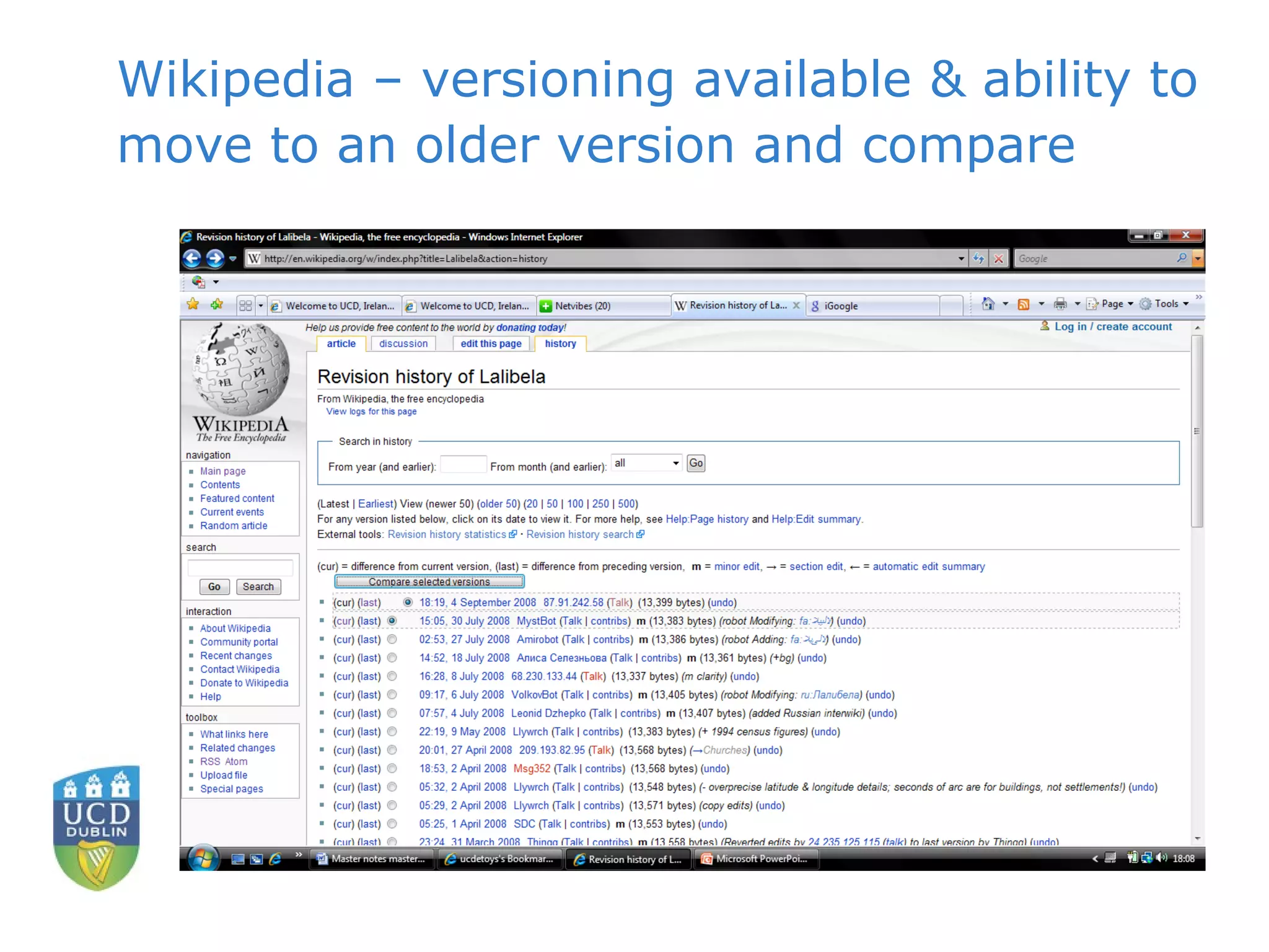 Wikipedia – versioning available & ability to move to an older version and compare  