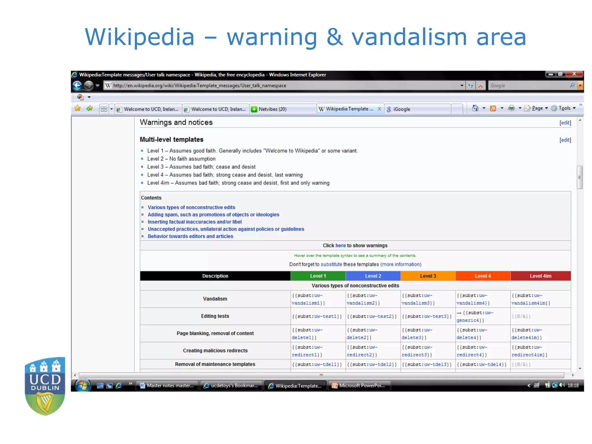Wikipedia – warning & vandalism area 
