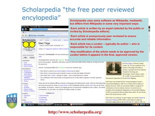 Scholarpedia “the free peer reviewed encylopedia” http://www.scholarpedia.org/ Scholarpedia uses same software as Wikipedia, mediawiki, but differs from Wikipedia in some very important ways:  Each article is written by an expert (elected by the public or invited by Scholarpedia editors).  Each article is anonymously peer reviewed to ensure accurate and reliable information.  Each article has a curator -- typically its author -- who is responsible for its content.  Any modification of the article needs to be approved by the curator before it appears in the final, approved version.  
